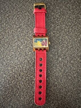 Red Leather Strap Women's Wood Case Watch